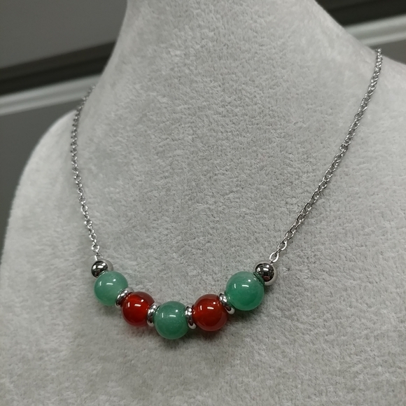 Red Carnelian Green Aventurine Natural Gemstone Necklace Stainless-Steel Crystal - Picture 8 of 13
